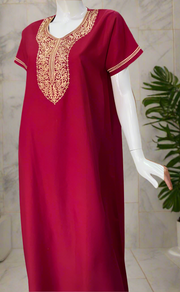 Bright Maroon Embroidery Soft Cotton Nighty. Soft Breathable Fabric | Laces and Frills
