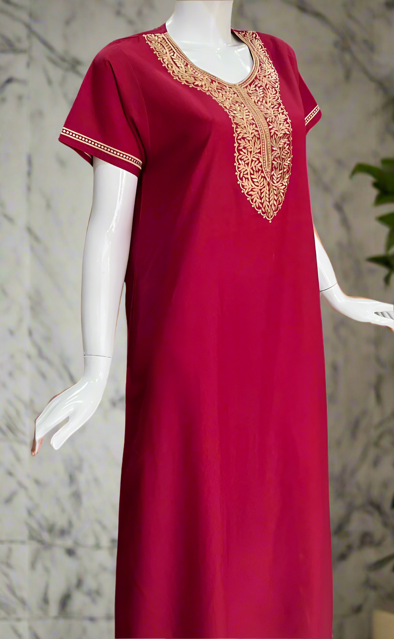 Bright Maroon Embroidery Soft Cotton Nighty. Soft Breathable Fabric | Laces and Frills