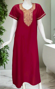 Bright Maroon Embroidery Soft Cotton Nighty. Soft Breathable Fabric | Laces and Frills
