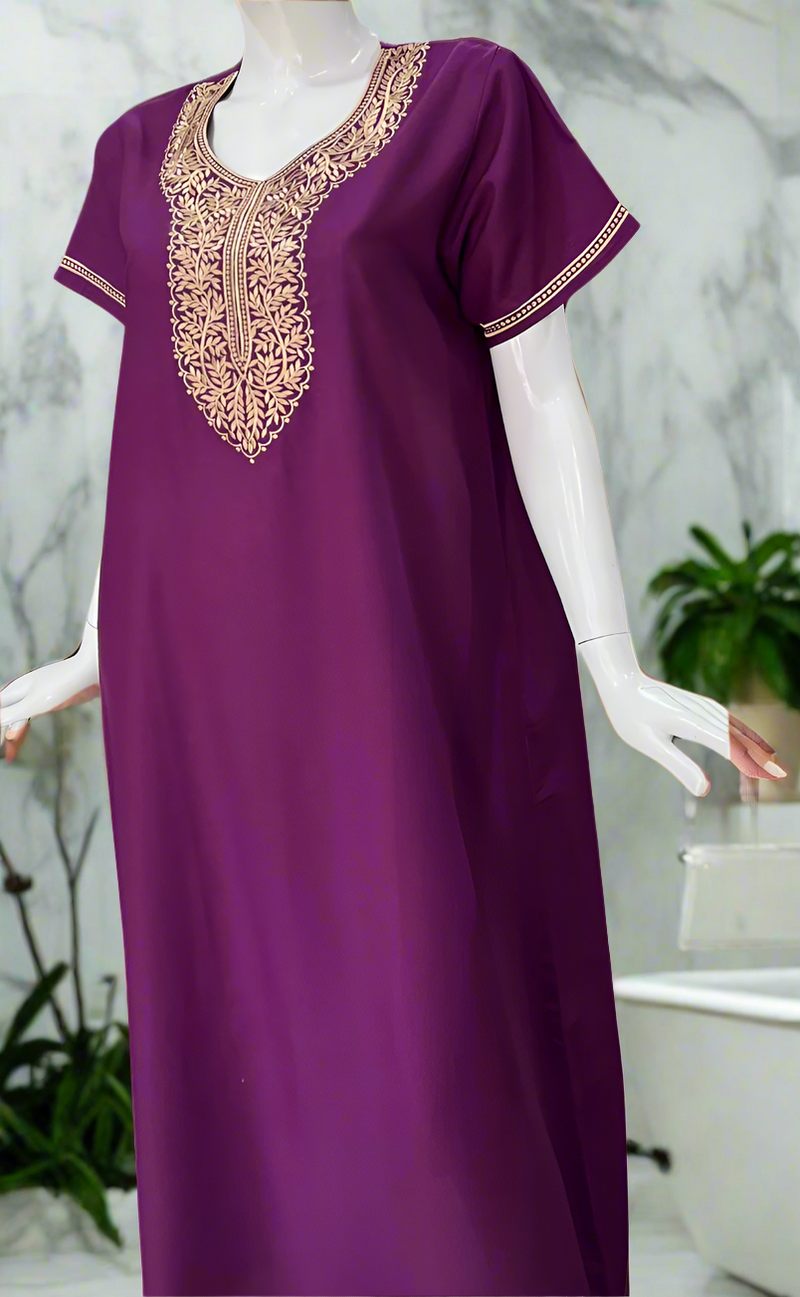 Violet Embroidery Soft Cotton Nighty. Soft Breathable Fabric | Laces and Frills