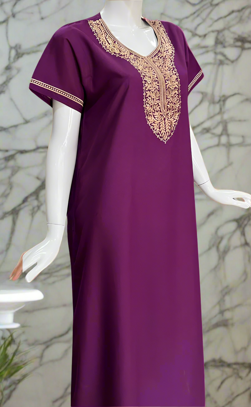 Violet Embroidery Soft Cotton Nighty. Soft Breathable Fabric | Laces and Frills