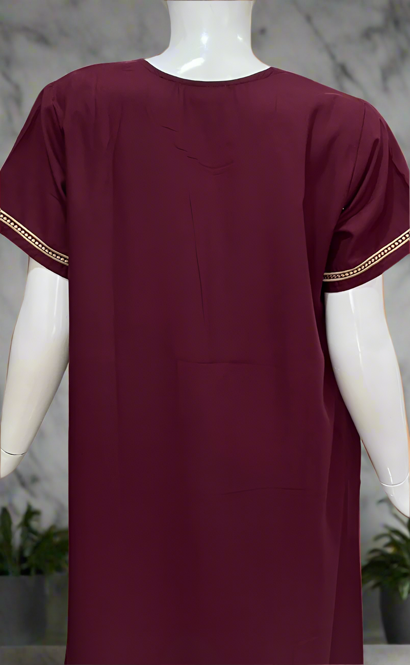 Dark Maroon Embroidery Soft Cotton Nighty. Soft Breathable Fabric | Laces and Frills