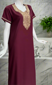 Dark Maroon Embroidery Soft Cotton Nighty. Soft Breathable Fabric | Laces and Frills