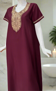 Dark Maroon Embroidery Soft Cotton Nighty. Soft Breathable Fabric | Laces and Frills