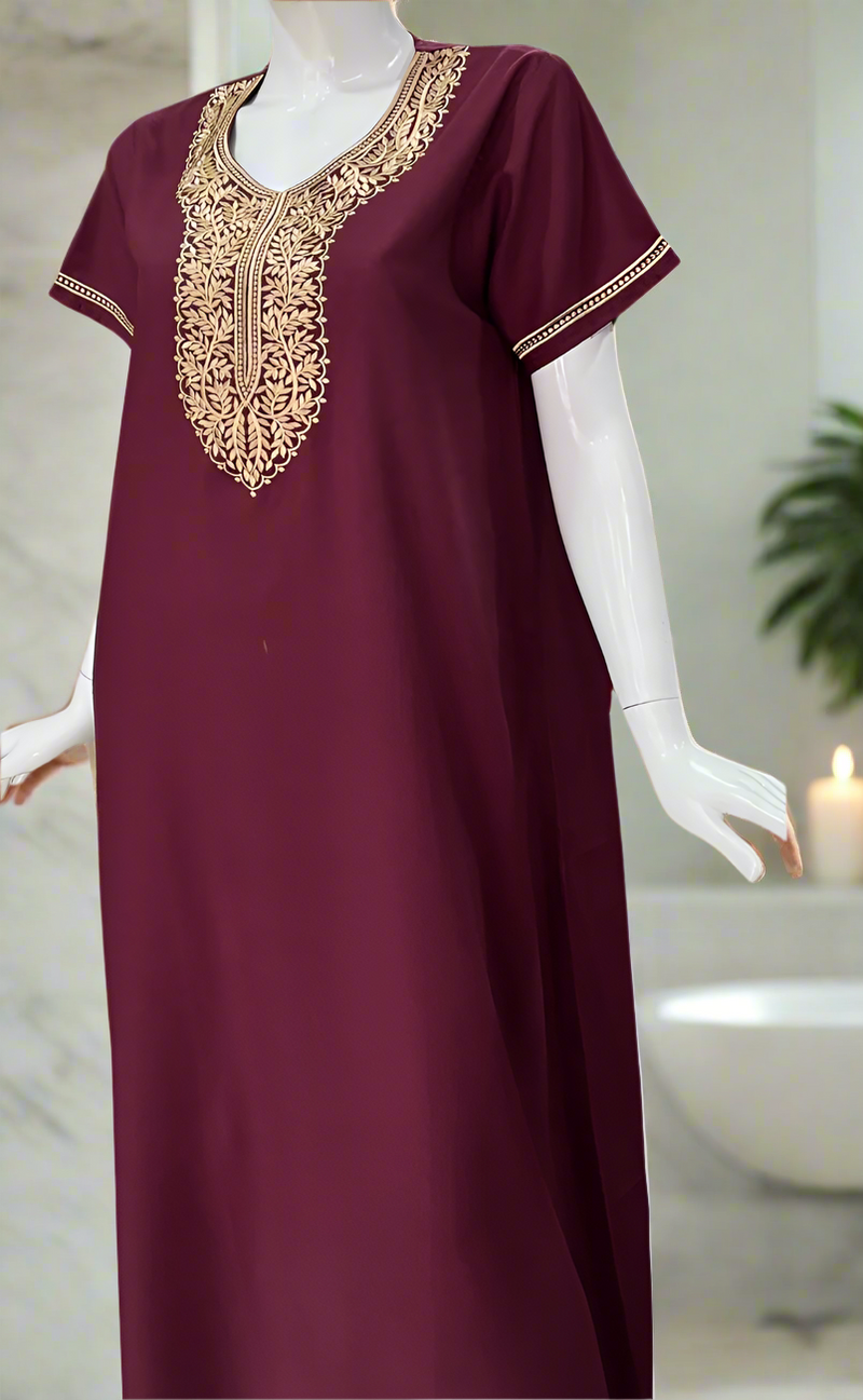 Dark Maroon Embroidery Soft Cotton Nighty. Soft Breathable Fabric | Laces and Frills
