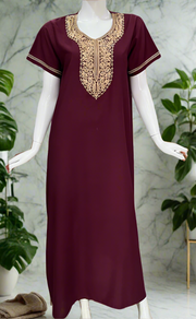 Dark Maroon Embroidery Soft Cotton Nighty. Soft Breathable Fabric | Laces and Frills