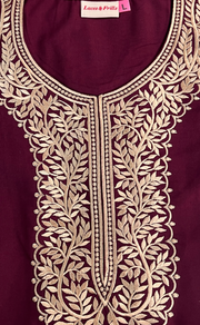 Dark Maroon Embroidery Soft Cotton Nighty. Soft Breathable Fabric | Laces and Frills