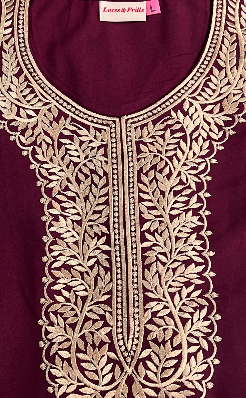 Dark Maroon Embroidery Soft Cotton Nighty. Soft Breathable Fabric | Laces and Frills