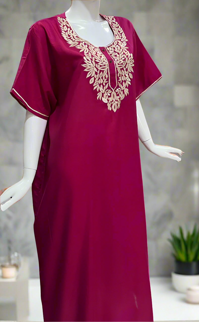 Hot Pink Embroidery Soft Cotton Nighty. Soft Breathable Fabric | Laces and Frills