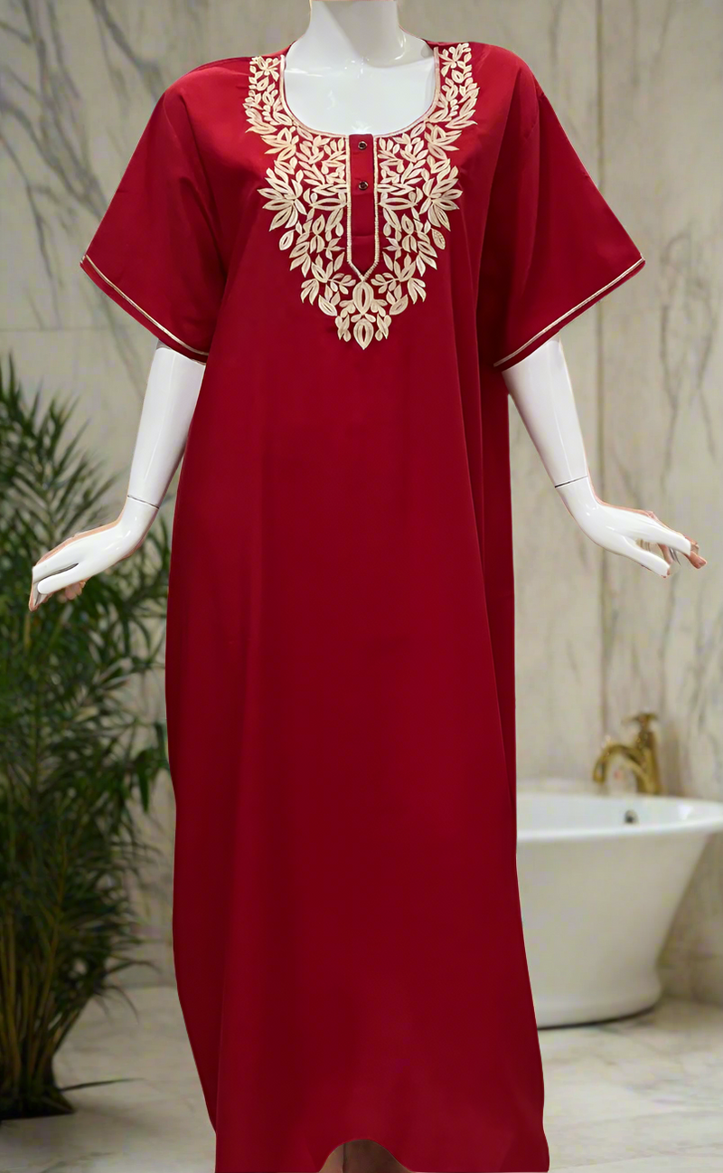 Red Embroidery Soft Cotton Nighty. Soft Breathable Fabric | Laces and Frills