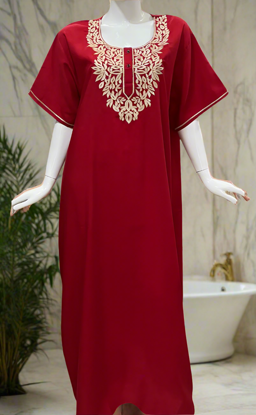 Red Embroidery Soft Cotton Nighty. Soft Breathable Fabric | Laces and Frills