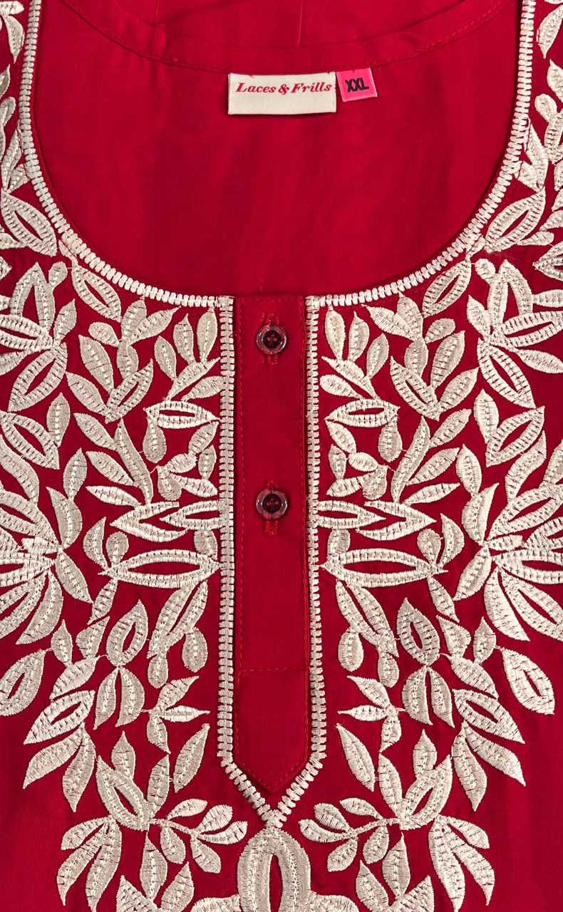 Red Embroidery Soft Cotton Nighty. Soft Breathable Fabric | Laces and Frills
