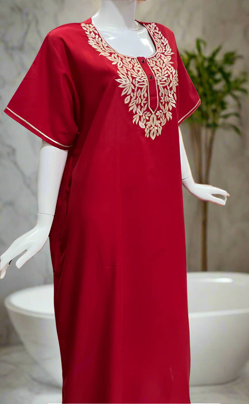 Red Embroidery Soft Cotton Nighty. Soft Breathable Fabric | Laces and Frills