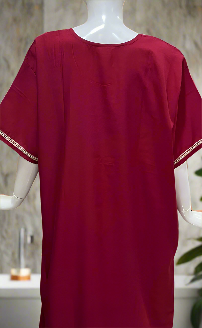 Maroon Embroidery Soft Cotton Nighty. Soft Breathable Fabric | Laces and Frills