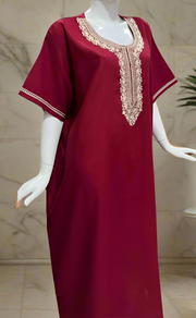 Maroon Embroidery Soft Cotton Nighty. Soft Breathable Fabric | Laces and Frills