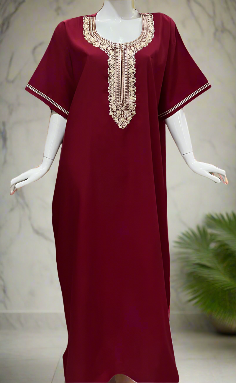 Maroon Embroidery Soft Cotton Nighty. Soft Breathable Fabric | Laces and Frills