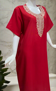 Red/Maroon Embroidery Soft Cotton Nighty. Soft Breathable Fabric | Laces and Frills