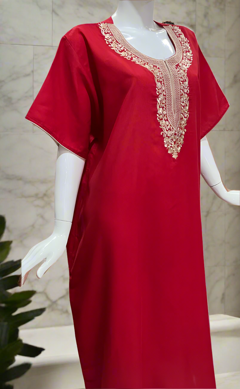 Red/Maroon Embroidery Soft Cotton Nighty. Soft Breathable Fabric | Laces and Frills