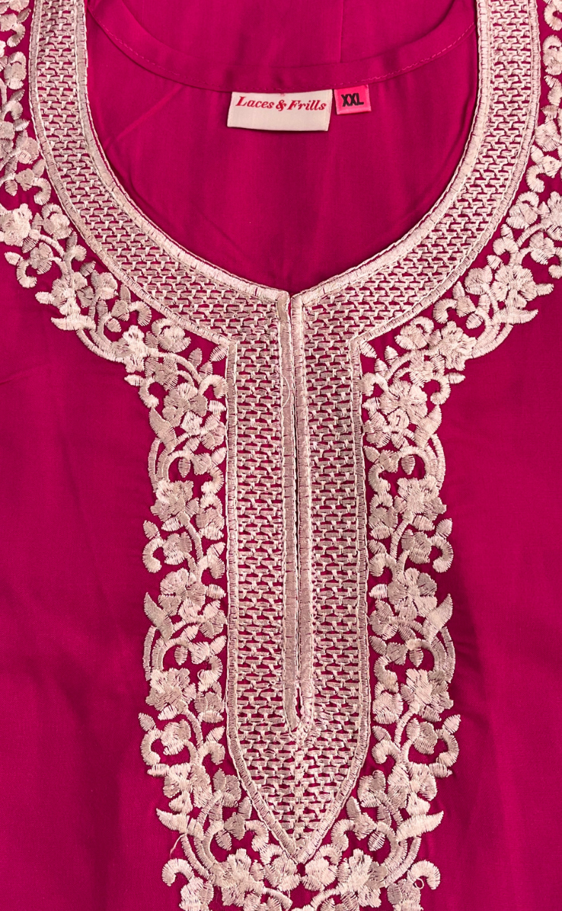 Pink Embroidery Soft Cotton Nighty. Soft Breathable Fabric | Laces and Frills
