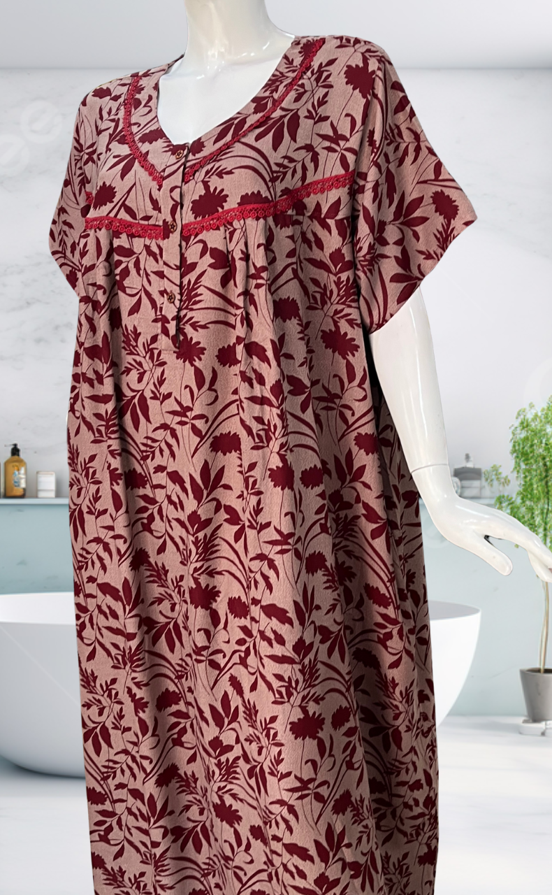 Maroon Garden Spun  Nighty. Flowy Spun Fabric | Laces and Frills