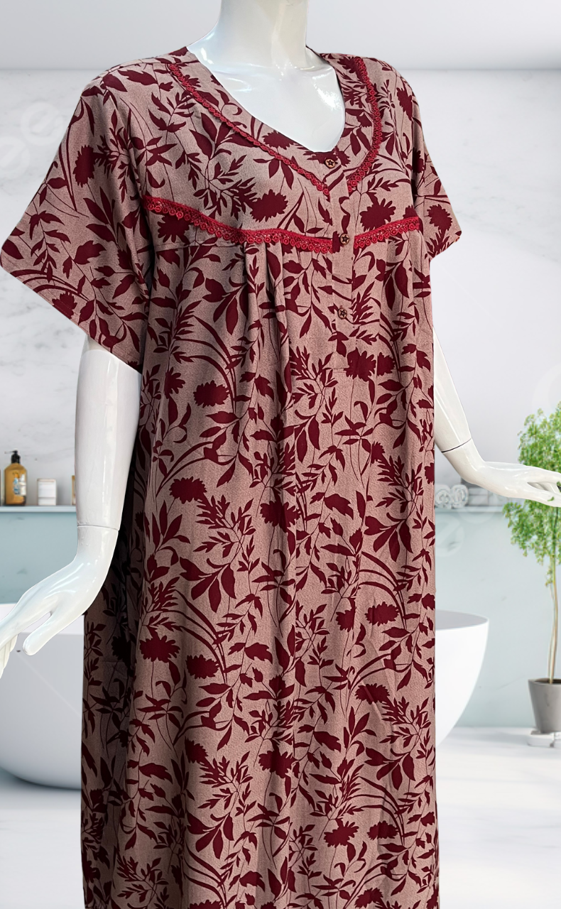 Maroon Garden Spun  Nighty. Flowy Spun Fabric | Laces and Frills