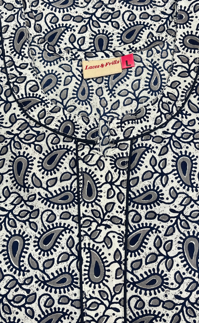 White/Blue Paisley Print Pure Cotton Nighty. Pure Durable Cotton | Laces and Frills