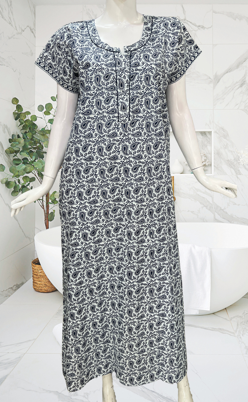 White/Blue Paisley Print Pure Cotton Nighty. Pure Durable Cotton | Laces and Frills