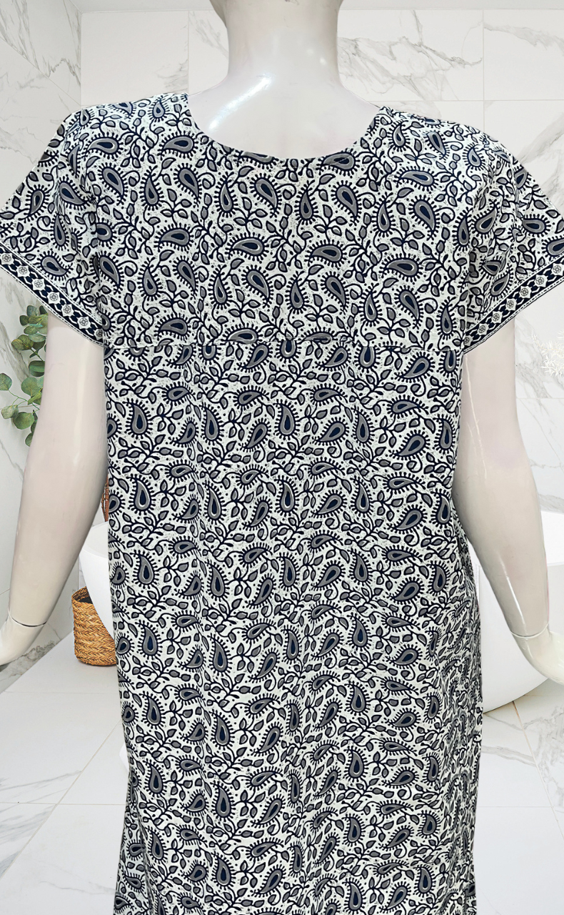White/Blue Paisley Print Pure Cotton Nighty. Pure Durable Cotton | Laces and Frills