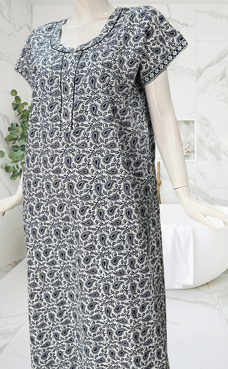 White/Blue Paisley Print Pure Cotton Nighty. Pure Durable Cotton | Laces and Frills