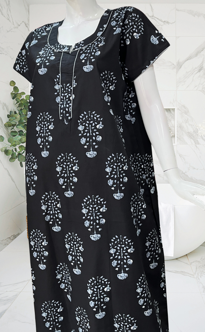 Black Floral Pure Cotton Nighty. Pure Durable Cotton | Laces and Frills - Laces and Frills