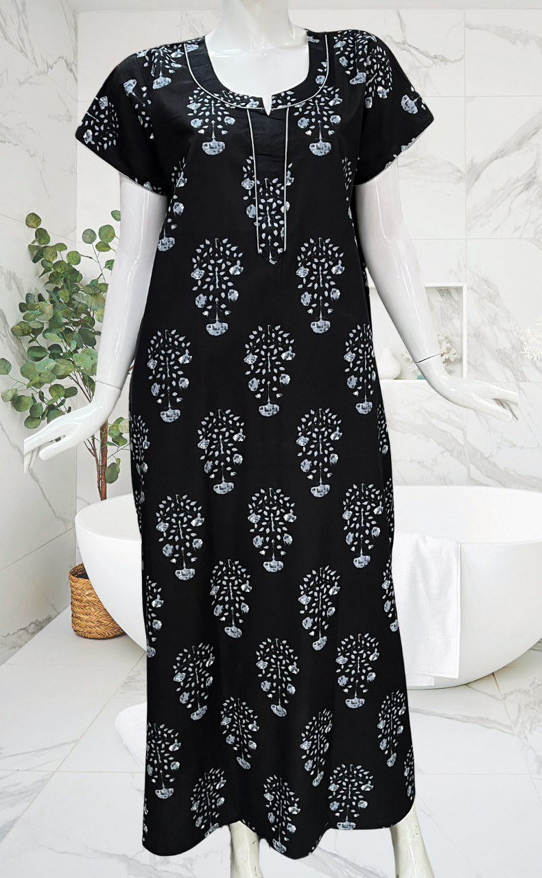 Black Floral Pure Cotton Nighty. Pure Durable Cotton | Laces and Frills - Laces and Frills