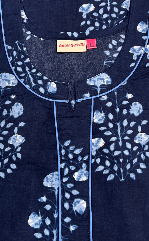 Navy Blue Floral Pure Cotton Nighty. Pure Durable Cotton | Laces and Frills