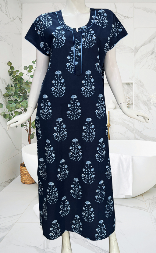Navy Blue Floral Pure Cotton Nighty. Pure Durable Cotton | Laces and Frills