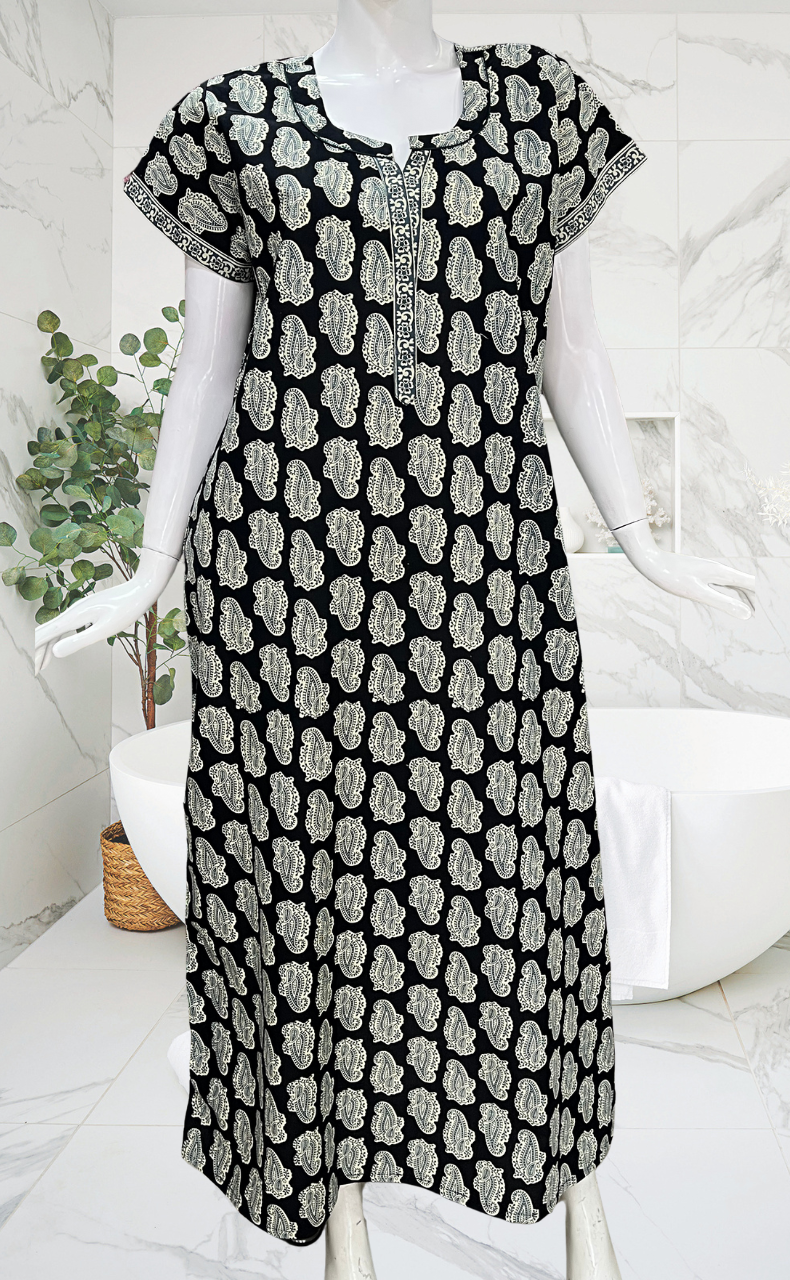 Black Paisley Print Pure Cotton Nighty. Pure Durable Cotton | Laces and Frills - Laces and Frills