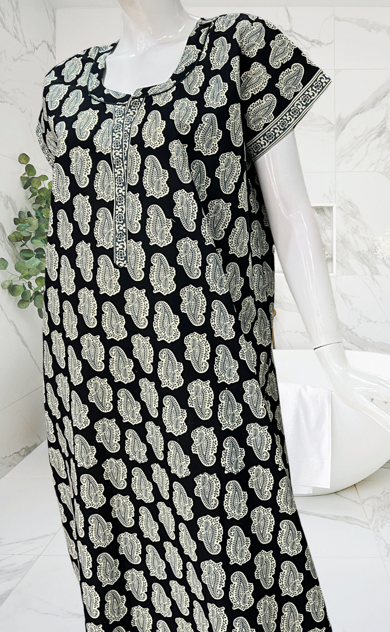 Black Paisley Print Pure Cotton Nighty. Pure Durable Cotton | Laces and Frills - Laces and Frills