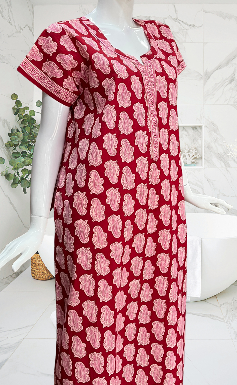Red Paisley Print Pure Cotton Nighty. Pure Durable Cotton | Laces and Frills