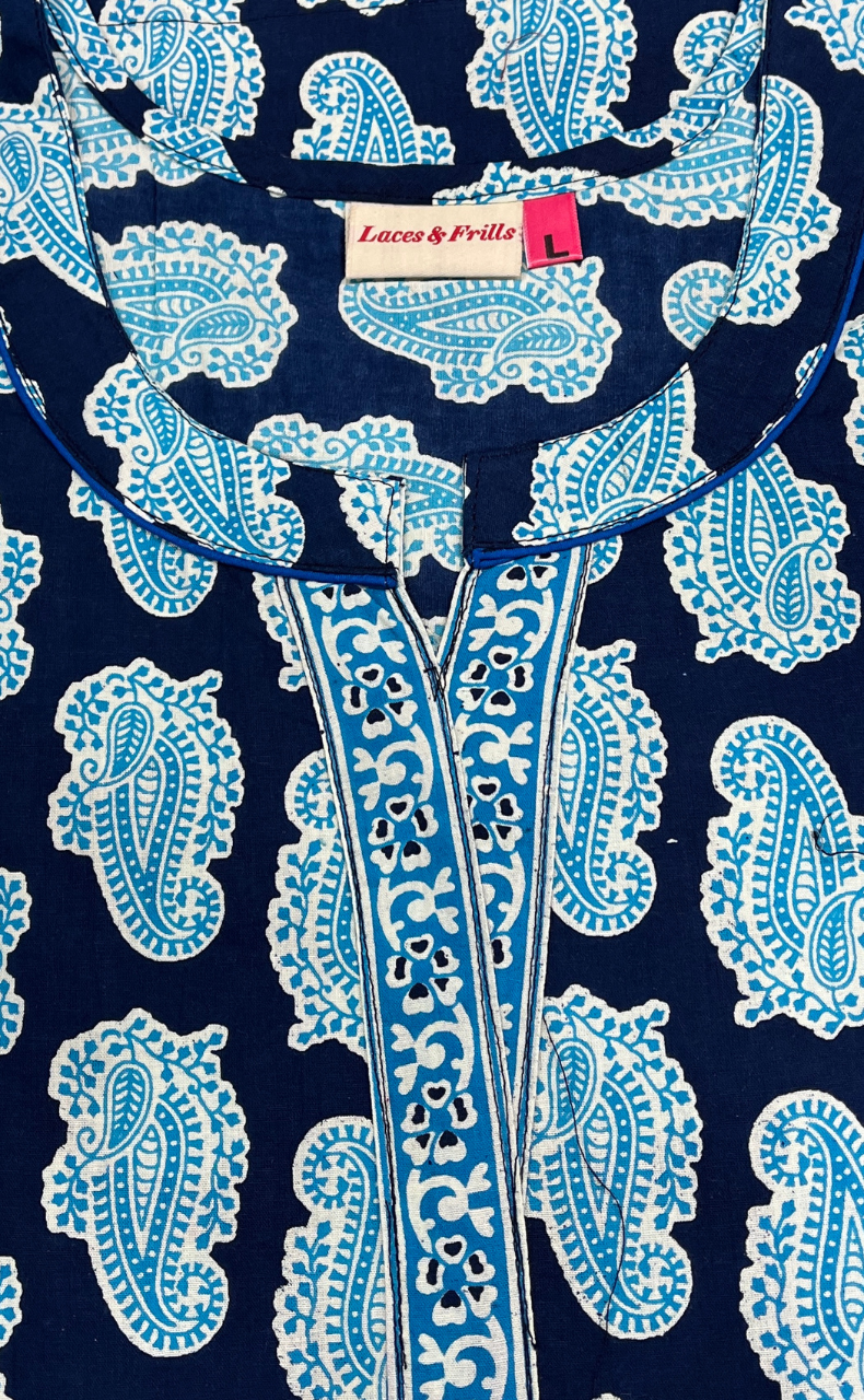 Blue Paisley Print Pure Cotton Nighty. Pure Durable Cotton | Laces and Frills