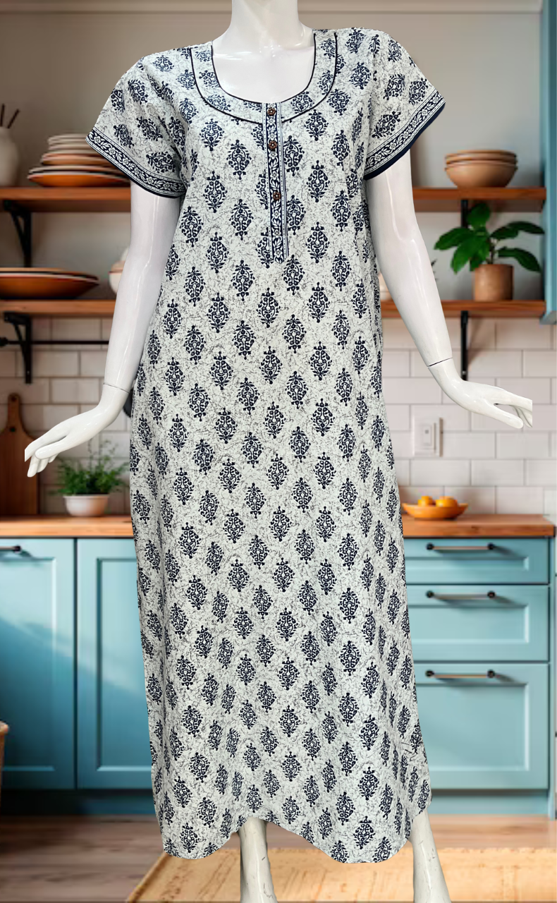 
White/Blue Floral Pure Cotton Nighty. Pure Durable Cotton | Laces and Frills
