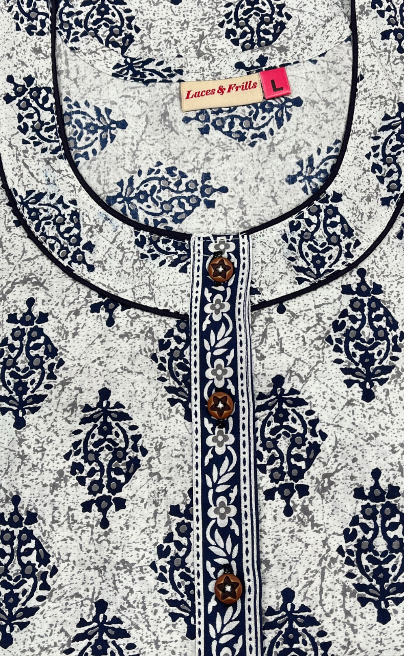 
White/Blue Floral Pure Cotton Nighty. Pure Durable Cotton | Laces and Frills
