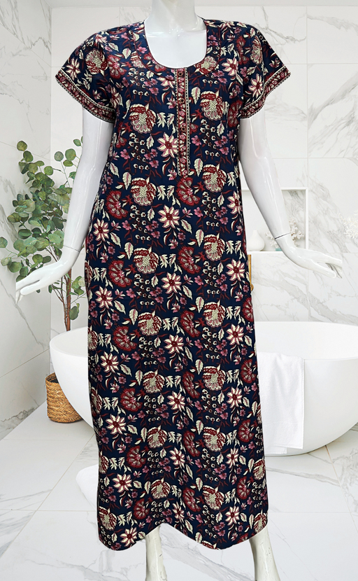 Navy Blue Garden Pure Cotton Nighty. Pure Durable Cotton | Laces and Frills