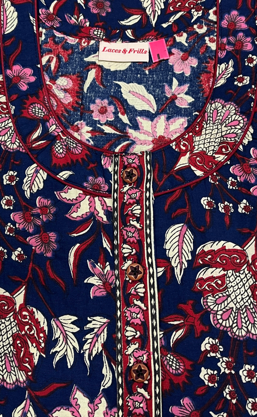 Navy Blue Garden Pure Cotton Nighty. Pure Durable Cotton | Laces and Frills