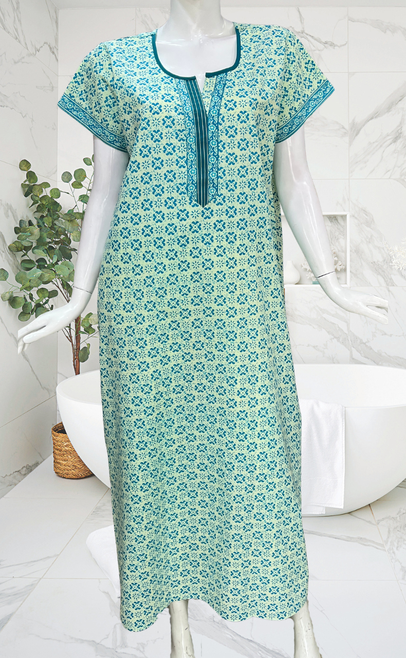 Sea Green Flora Pure Cotton Nighty. Pure Durable Cotton | Laces and Frills