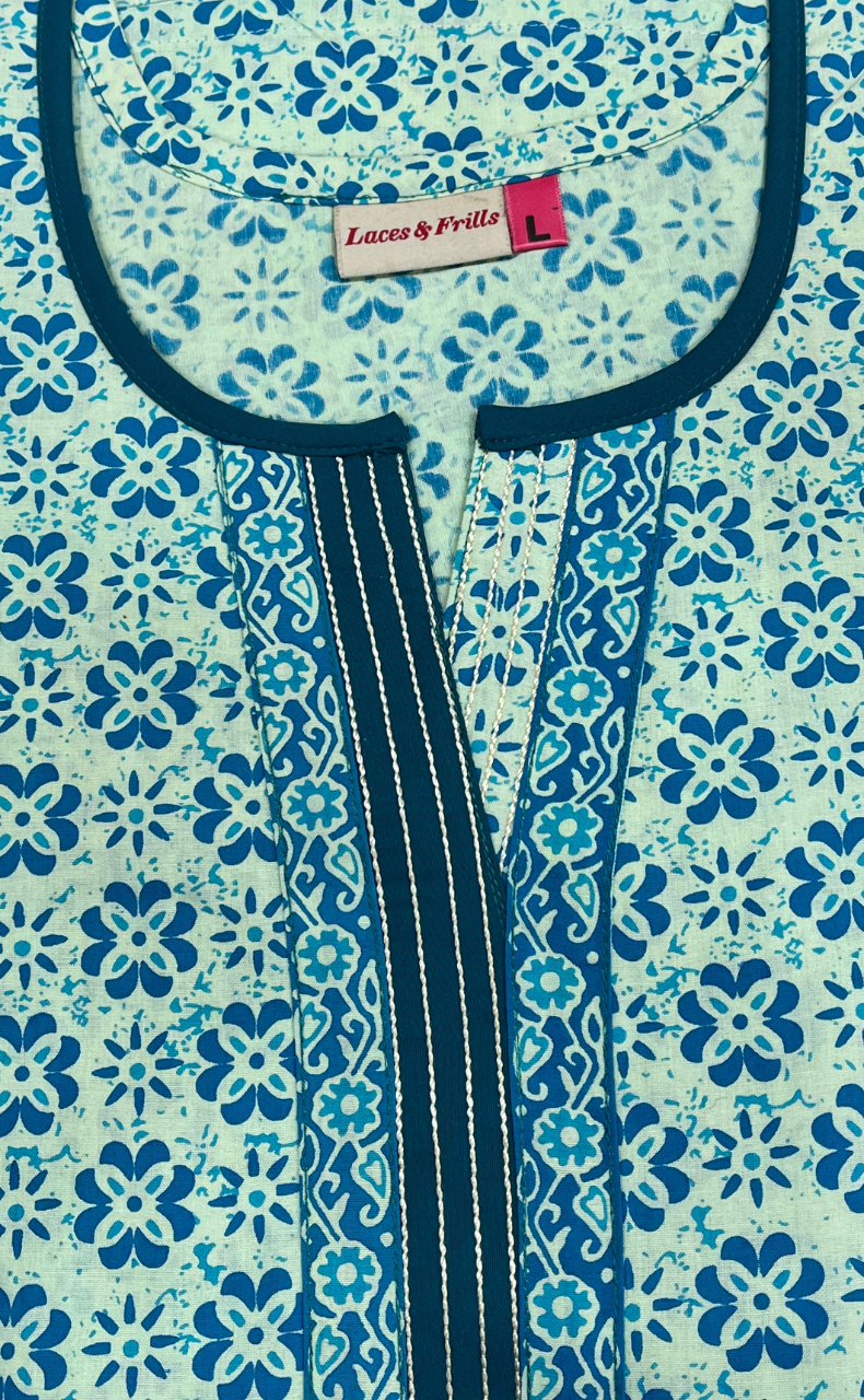 Sea Green Flora Pure Cotton Nighty. Pure Durable Cotton | Laces and Frills