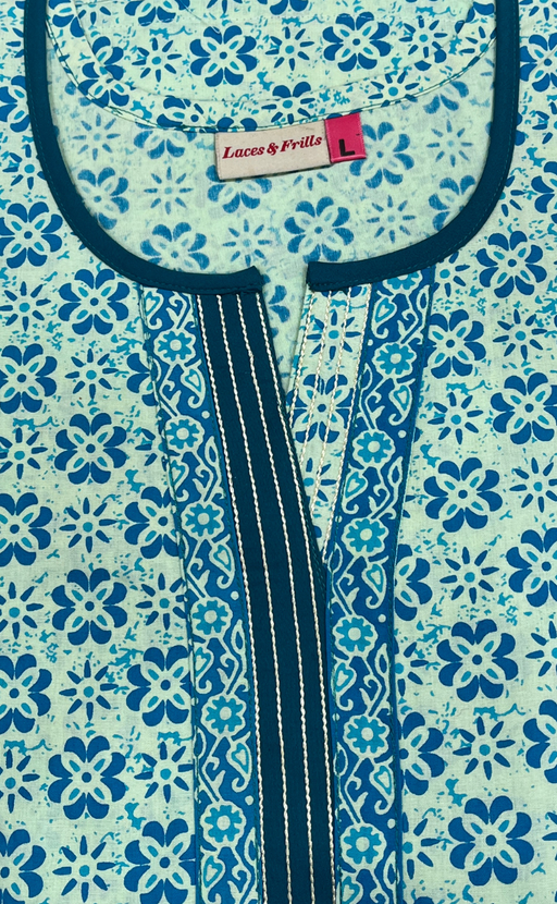Sea Green Flora Pure Cotton Nighty. Pure Durable Cotton | Laces and Frills