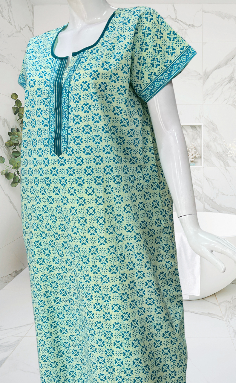 Sea Green Flora Pure Cotton Nighty. Pure Durable Cotton | Laces and Frills