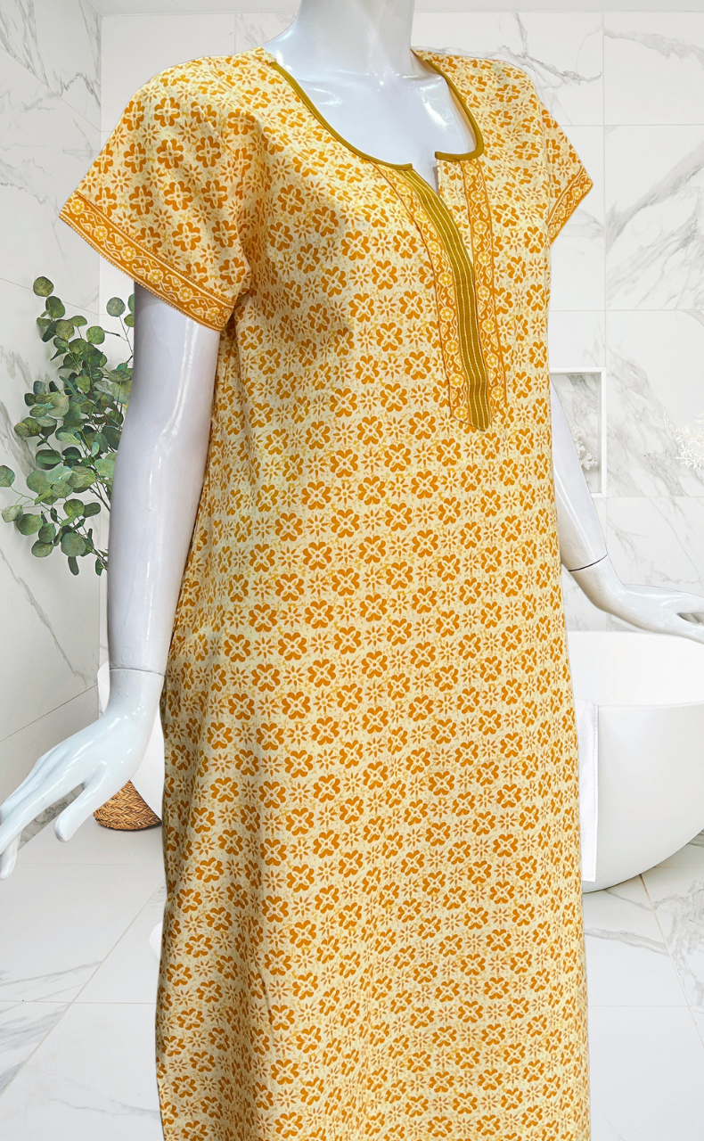 Yellow Flora Pure Cotton Nighty. Pure Durable Cotton | Laces and Frills
