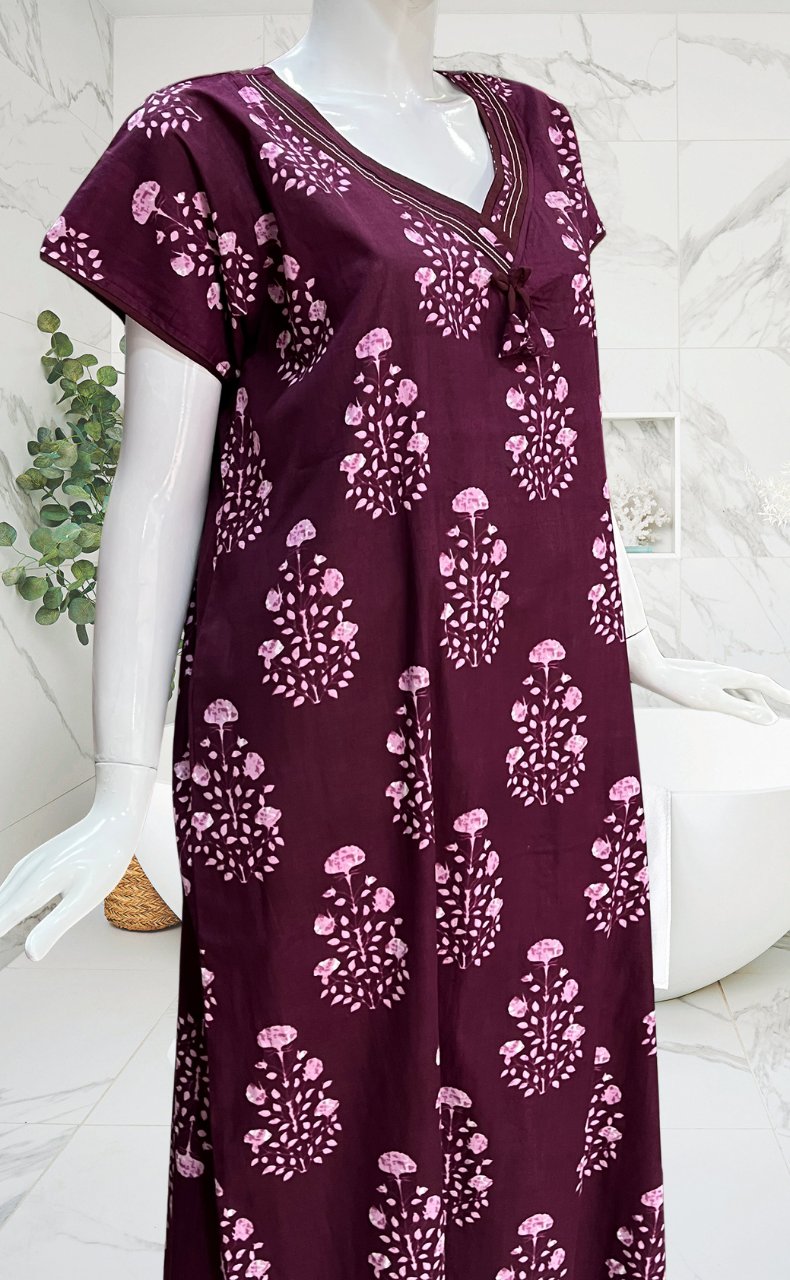 Beetroot Pink Floral Pure Cotton Nighty. Pure Durable Cotton | Laces and Frills