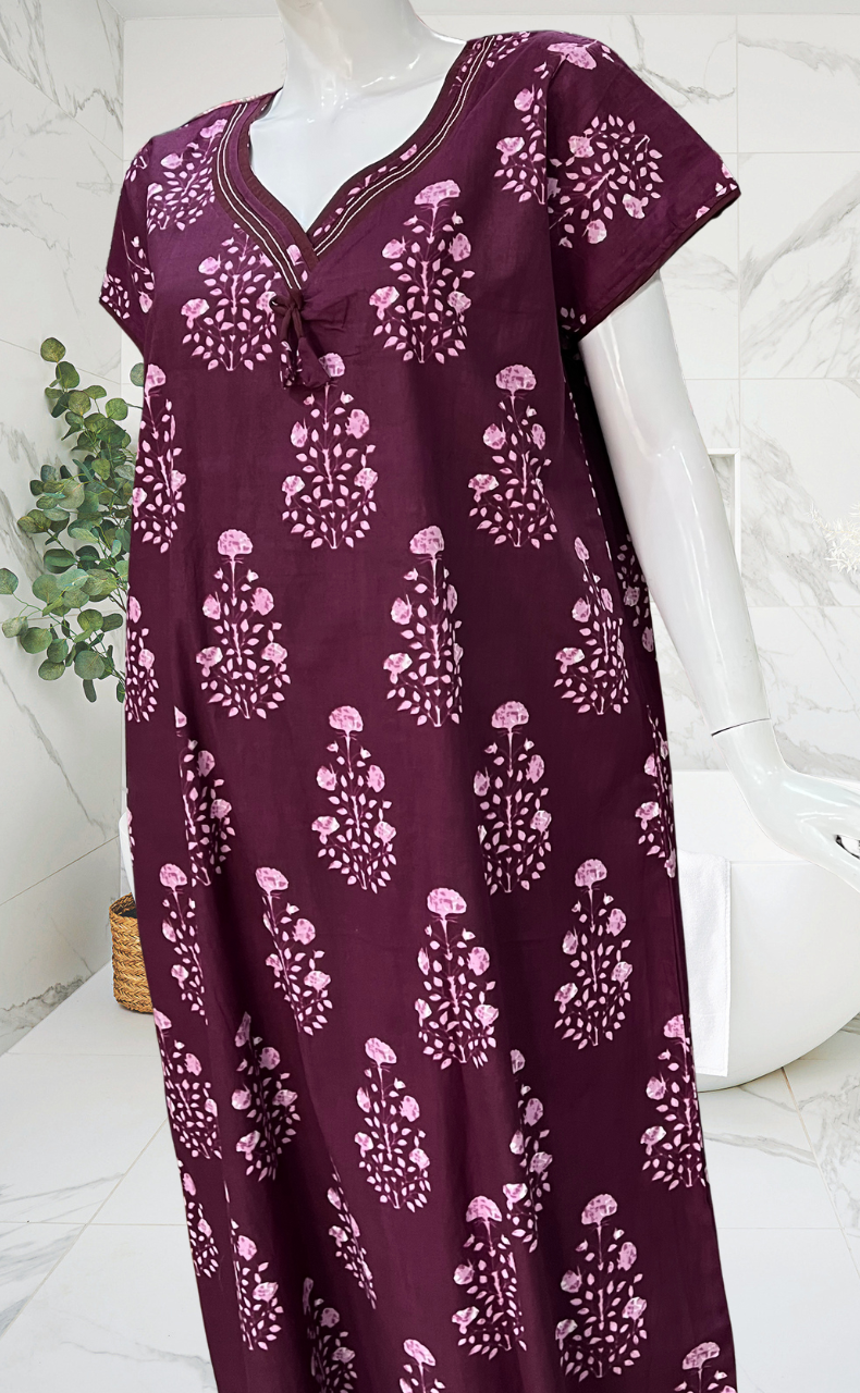 Beetroot Pink Floral Pure Cotton Nighty. Pure Durable Cotton | Laces and Frills