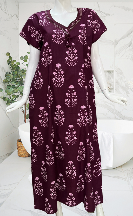 Beetroot Pink Floral Pure Cotton Nighty. Pure Durable Cotton | Laces and Frills