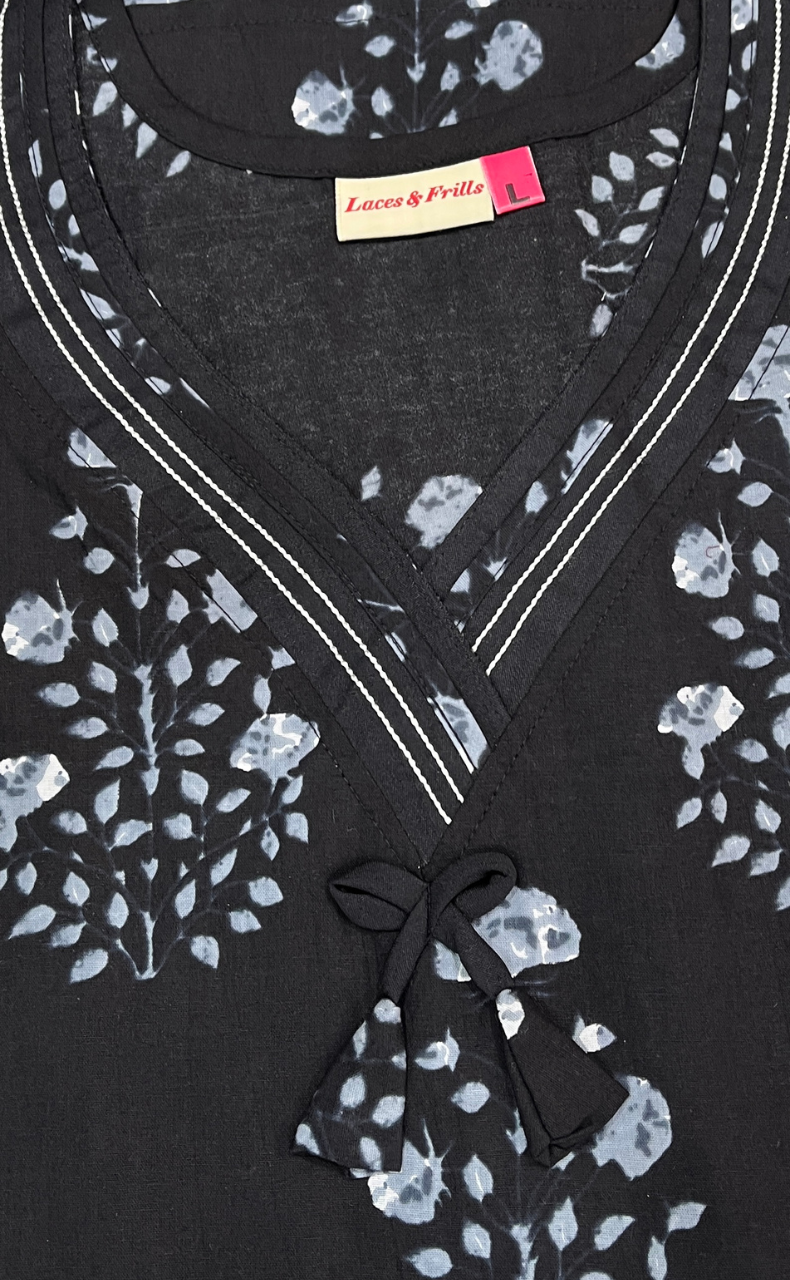 Black Floral Pure Cotton Nighty. Pure Durable Cotton | Laces and Frills
